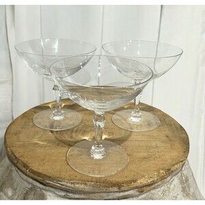 Vtg Set Of 3 Etched Rose Delicate Crystal Champagne Coupe Stemware Glasses